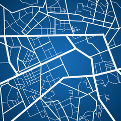 Map of the city, locality. White scheme on a blue background. GPS navigation, along the road and streets. Flat vector cartoon illustration.