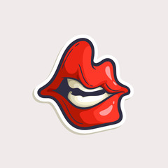 Vector color sticker with cartoon grinning mouth isolated on white. Hand drawn illustration of red lips showing ironic smile in comics style.
