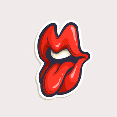Vector color sticker cartoon mouth showing tongue. Hand drawn lips in comics style isolated on white.
