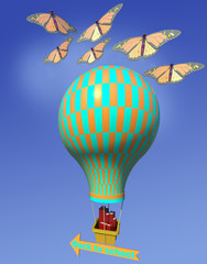 Back to school 3D illustration 2. Colorful air balloon carring books in the basket, 3d text, direction, sky background. Collection.
