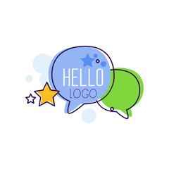 Hello logo, bright emblem with Hello word and message bubbles vector Illustrations on a white background