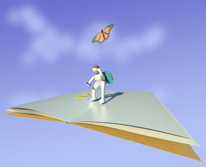 Back to school 3D illustration. A student fictional character flying in education heavens on the wings of a notebook. Collection.