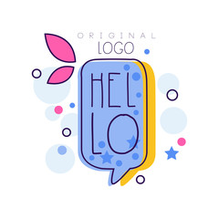 Hello logo original design, bright badge with Hello word and message bubble vector Illustrations on a white background