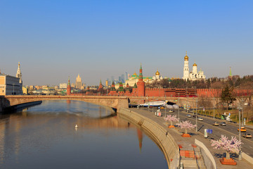 View of the Moscow Kremlin and Moskva River embankment on a sunny spring morning