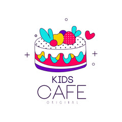 Kids cafe logo original, bright badge with cake, label for childrens and baby food vector Illustration on a white background