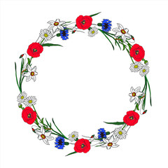 Hand drawn vector illustration wreath with chamomile, cornflower, narcissus for decoration