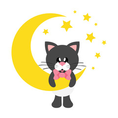 cartoon cute cat black with tie on a moon