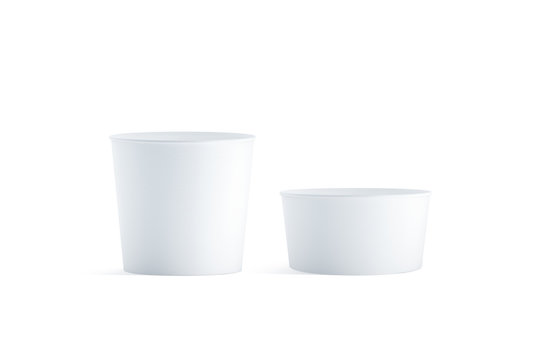 Blank white big and small food bucket mockup set, isolated 3d rendering. Empty pail fastfood front side view. Paper chicken bucketful design mock up. Clear popcorn box template.