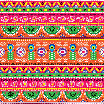 Vector floral seamless folk art pattern - Indian truck art floral, Pakistani Jingle trucks vector design,  vivid ornament with lotus flowers and abstract shapes