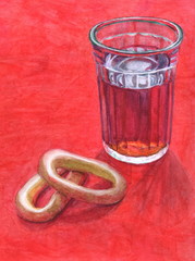 Russian vintage glass of tea with bagels on a red background watercolor handmade