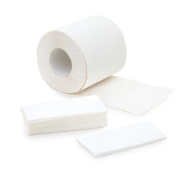 A roll of toilet paper with several tissues isolated on the white background. Hygienic tissues and roll of soft white toilet paper for disposable usage. Easily recyclable and used daily.
