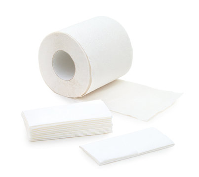 A Roll Of Toilet Paper With Several Tissues Isolated On The White Background. Hygienic Tissues And Roll Of Soft White Toilet Paper For Disposable Usage. Easily Recyclable And Used Daily.