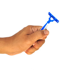 Blue Razor in hand man on white background.