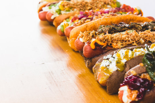 Plenty of various served hot dogs