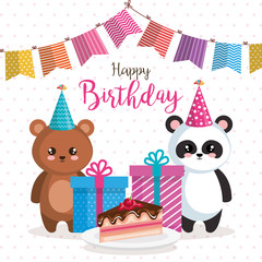 happy birthday card with bear panda and teddy vector illustration design
