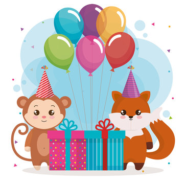 happy birthday card with fox and monkey vector illustration design
