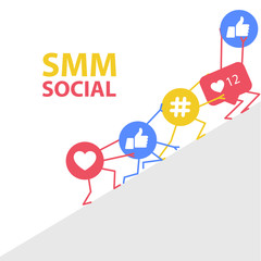 Smm promotion and social marketing - hashtags icons supporting each other