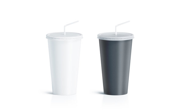 Blank black and white disposable cup with straw mock up isolated, 3d rendering. Empty paper soda drinking mug mockup with lid and tube front view. Clear soft drink cola take away plastic package