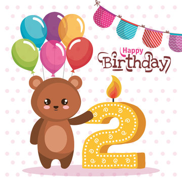 happy birthday card with bear teddy vector illustration design