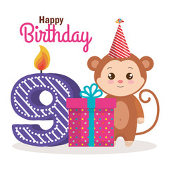 happy birthday card with monkey vector illustration design