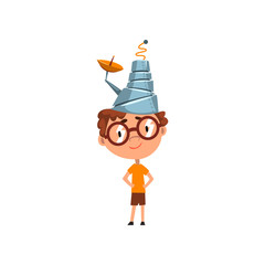 Cute kid in fantastic headdress with antenna, scientist boy character working on science experiment vector Illustration on a white background