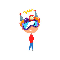 Cute kid in fantastic headdress, scientist boy character working on physics science experiment vector Illustration on a white background