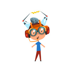 Cute funny kid in fantastic headdress and glasses, scientist boy character working on physics science experiment vector Illustration on a white background