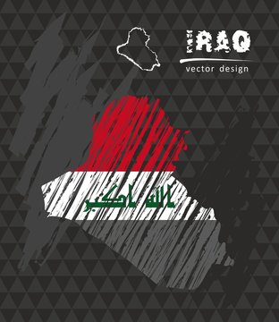 Iraq map with flag inside on the black background. Chalk sketch vector illustration