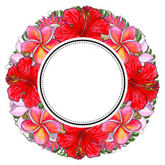 Obraz premium Tropical flowers and palm leaves in floral composition in round form with sticker on top isolated on white background in sketch style. Hand drawn natural frame with exotic blooms. Vector illustration.