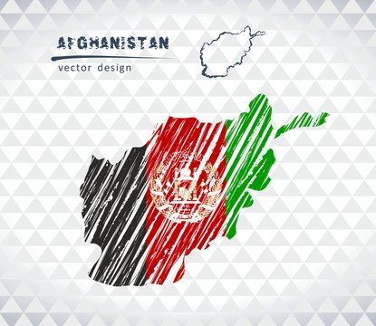 Afghanistan vector map with flag inside isolated on a white background. Sketch chalk hand drawn illustration