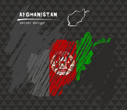 Afghanistan map with flag inside on the black background. Chalk sketch vector illustration