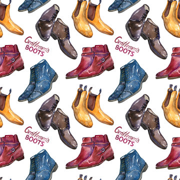 Modern gentlemen`s boots collection: cap toe, split toe, plain toe and wingtip, hand painted watercolor illustration with inscription, seamless pattern on white background