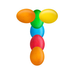 The letter T of the English alphabet is made up of colorful eggs. Isolated. White background. Education