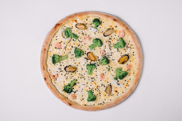 Pizza with salami and chicken isolated on white. Top view