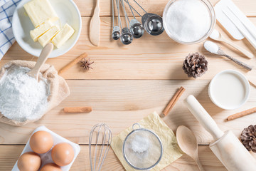 Fototapeta na wymiar Ingredients and tools for homemade baking.
