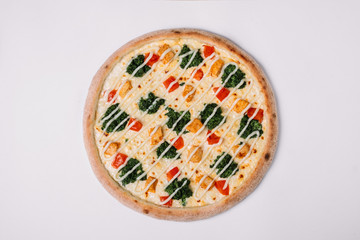 Pizza with salami and chicken isolated on white. Top view