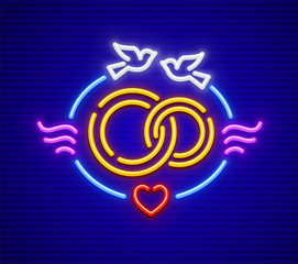 Obraz premium Wedding and marriage neon icon. For Agency with gold ring heart