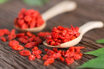 Dried red goji berry in wooden spoon.