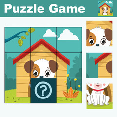 Puzzle education game for preschool children featuring dog character. (Vector illustration)