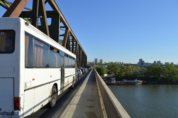 Traffic jam at big bridge in city