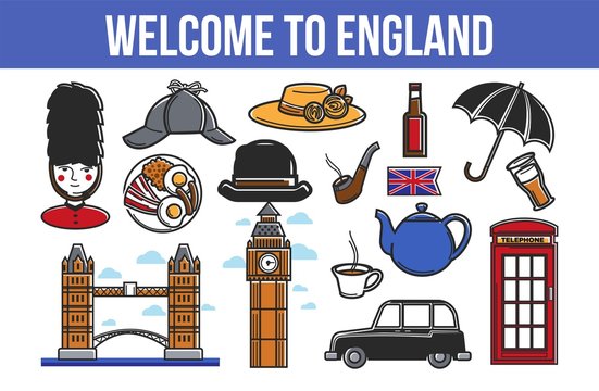 Welcome to England promotional poster with cultural elements
