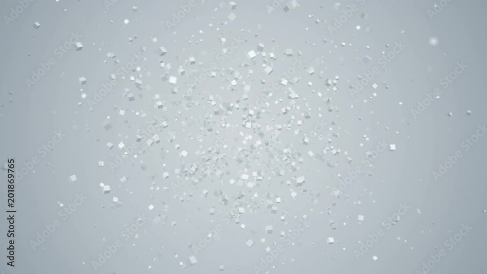 Poster abstract 3d rendering of flying particles. computer generated animation. modern background with cube