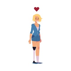 Young woman with artificial leg stands smiling isolated on white background. Cartoon vector illustration of female disabled character with prosthesis - happy body positive concept.