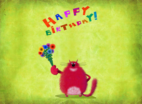 Birthday Card Red Cat With Flowers