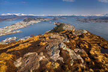 Beautiful scenery of west Norway coastline from the Sukkertoppen hill (Sugar Loaf Top)