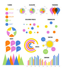 Infographic Elements Vector Set Modern Business Process Presentation. Pie Chart, Circular Bar, Linear Diargam Targeting, Development Report. Chart Graphic Business Statistics Cool Infographic Template