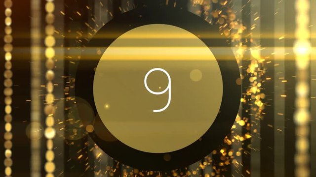 Golden particles countdown from 10 to 1. Useful for top ten list review videos. Not realtime. Each number fades to black so can be edited easily. Perfect for movie awards or celebrity star lists. 