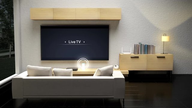 Living room in IoT smart home control icon, Home security, cctv, energy, appliances, Temperature ,mobile app, internet of things, 4K movie.