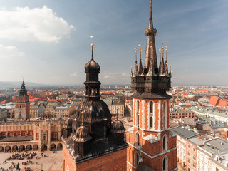 Aerial drone view of a Marys Basilica in Krakow, Poland. At sunny day.