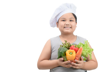 kid chef smaile and holding vegetables  isolated